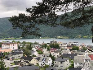 a town with a river and a town with houses at Åndalsnes Guest House - Cozy Apartment in Åndalsnes