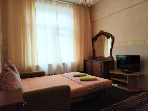 モスクワにあるАпартаменты улица Автозаводскаяのベッドルーム(鏡付きベッド1台、テレビ付)