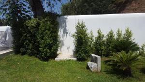 un muro bianco con alcuni cespugli e una pietra nell'erba di Guest House Belvedere a Tropea