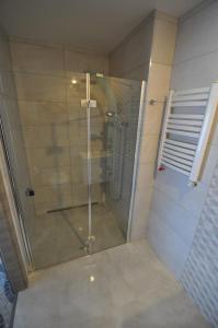 a shower with a glass door in a bathroom at Dom Gościnny Pod Żaglami in Mielenko