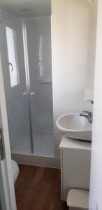 ein weißes Bad mit einer Dusche und einem Waschbecken in der Unterkunft Mobile Homes and Apartment - Terme Čatež in Čatež ob Savi