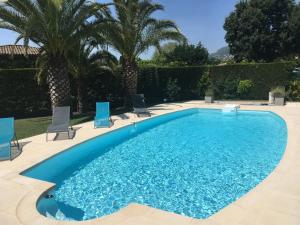 a swimming pool with blue chairs and palm trees at Charmante villa familiale in Vence