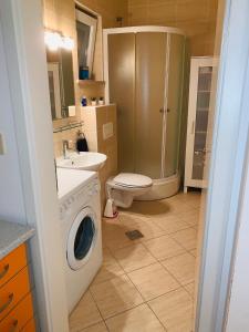 诺瓦利娅Josip Modern Apartment Novalja的带淋浴和洗衣机的浴室