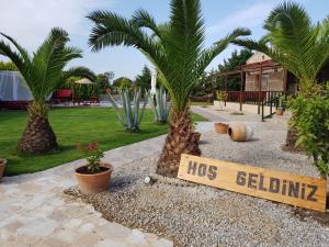 a sign in a yard with palm trees and a house at Villa Kizlan Ova in Datca