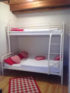 ヴァンガーラントにあるTo`n Schlagboomの二段ベッド2組(赤い枕付)が備わる客室です。