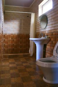 uma casa de banho com um WC, um lavatório e um chuveiro em Taj Altyn Hotel em Kaji-Say