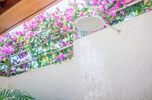 a garden with pink flowers on a wall at Mule Malu Tropical Stay in Uluwatu