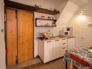 una pequeña cocina con fregadero y microondas en Rundanina Village Life Studio, en Vernazza