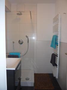 ein Bad mit einer Dusche und einem Waschbecken in der Unterkunft Ferienwohnung Bartling am Bodensee in Friedrichshafen