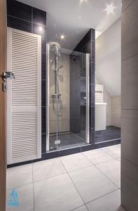 a glass shower in a bathroom with black tiles at A3 - APARTAMENTY in Mikołajki