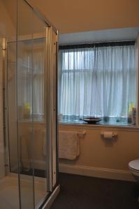 a bathroom with a shower and a window with a toilet at Auchmore Apartments in Killin