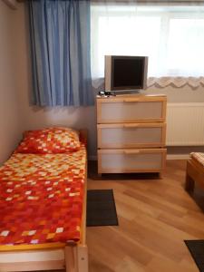 a bedroom with a bed and a dresser with a tv at Bursztynowa Wyspa in Gdańsk