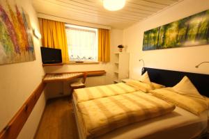 a bedroom with a bed and a desk with a computer at Panorama-Ferienwohnung Isser in Seefeld in Tirol