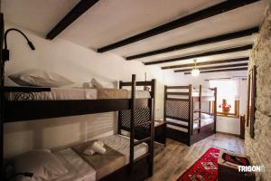 a room with three bunk beds in a room at Trigona Hostel in Gjirokastër