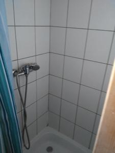 a shower with a shower head in a bathroom at domki pestka in Jastrzębia Góra