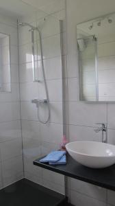 un bagno con lavandino e doccia con specchio di Ferienhaus Windegge a Hirschegg
