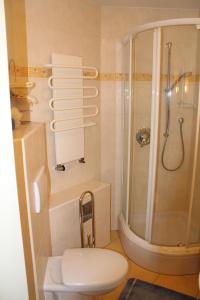 La salle de bains est pourvue d'une douche et de toilettes blanches. dans l'établissement Fährhaus Ferienwohnung, à Sarrebourg