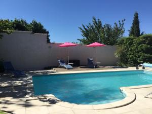 - une piscine avec 2 parasols et 2 chaises dans l'établissement Le Mas des Platanes, à Entraigues-sur-la-Sorgue