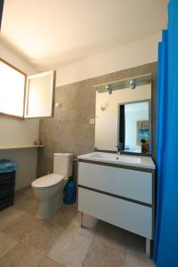 ein Badezimmer mit einem WC, einem Waschbecken und einem Spiegel in der Unterkunft Les lavandes de Sèverine in Boulbon