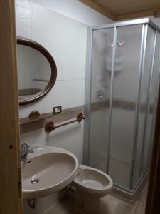 ein Bad mit einer Dusche, einem WC und einem Waschbecken in der Unterkunft Locanda Da Pierina in Santo Stefano di Cadore