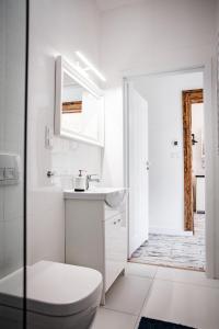 a white bathroom with a toilet and a sink at Apartamenty Pocztowa in Bydgoszcz
