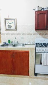 a kitchen with a sink and a stove at Apartahotel carla in Boca Chica
