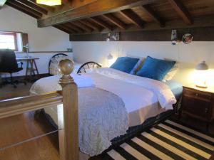 ein Schlafzimmer mit einem großen Bett mit blauen Kissen in der Unterkunft Casa da Maria Carolina in Fanhais