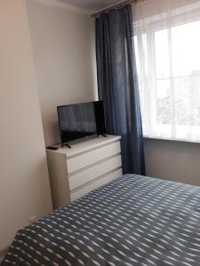 um quarto com uma cama e uma televisão numa cómoda em Katrin House em Oświecim