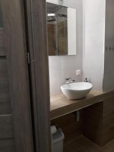 a bathroom with a white sink and a mirror at Katrin House in Oświęcim