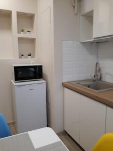 małą kuchnię z kuchenką mikrofalową na lodówce w obiekcie Katrin House w Oświęcimiu +2 zdjęcia
