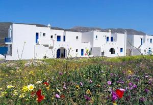 a group of white buildings with a field of flowers at Karkisia Hotel in Aegiali