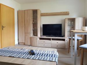 a living room with a entertainment center with a flat screen tv at Ferienwohnung Fischer in Kurort Gohrisch