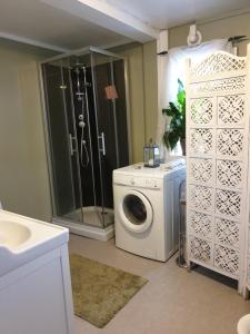 een badkamer met een wasmachine en een douche bij Spiragården in Glanshammar