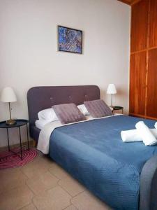 a bedroom with a large blue bed and two lamps at Petrochori Memories House- Floor 1 in Petrochori
