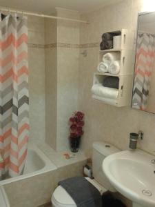 een badkamer met een toilet, een wastafel en een douche bij Sea view cozy studio near center of Rethymno town in Rethimnon