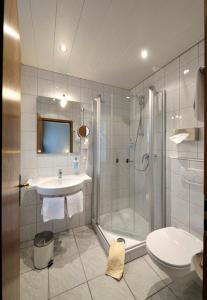 a bathroom with a shower and a sink and a toilet at Landgasthaus Hotel H. Kortlüke in Belm