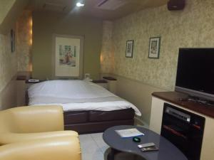 a hotel room with a bed and a tv at Hotel Sting in Tokyo