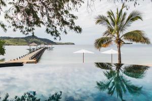 a pool with a palm tree and a dock with umbrellas at The Seraya Resort Komodo in Labuan Bajo