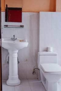 a white toilet sitting next to a sink in a bathroom at Bodhi Guest House in Baudhatinchule