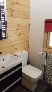 a bathroom with a white toilet and a sink at East Pool Cabin in Lincoln