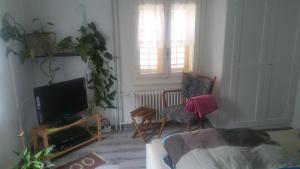 a living room with a tv and two chairs at Villa Kunterbunt in Grosswangen