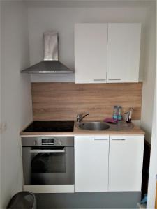 a small kitchen with a sink and a stove at Merlimont Plage - Paola in Merlimont