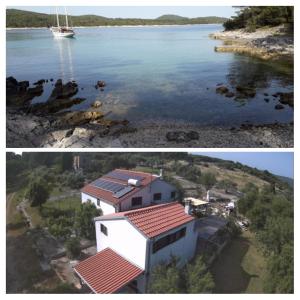 twee foto's van een huis en een boot in het water bij Eco Secluded apartments Zabodarski in Čunski