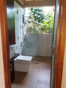 uma casa de banho com um WC, um lavatório e uma janela em The Cloud Resort em Kadugannawa