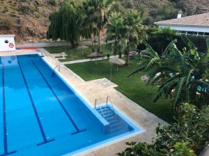 vista sul tetto di una piscina in un cortile di Hotel Posada del Bandolero a Borge