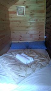 a bed in a wooden room with two white towels at Cozy Cabin in Žabljak