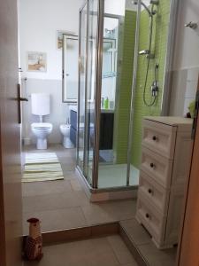 a bathroom with a shower and a toilet and a sink at La Santera in Marina di Davoli