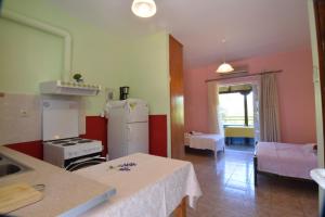a kitchen with a stove and a refrigerator at Elena Apartments stoypa in Stoupa