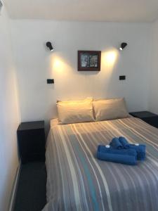 The Coachman Ski Lodge في Smiggin Holes: غرفة نوم عليها سرير وعليه قطعة زرقاء