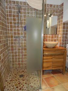 W łazience znajduje się prysznic ze szklanymi drzwiami. w obiekcie Les Acanthes w mieście Lauris